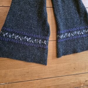 Anthropologie Charcoal Gray Knit Pants with Purple and Cream Embroidery